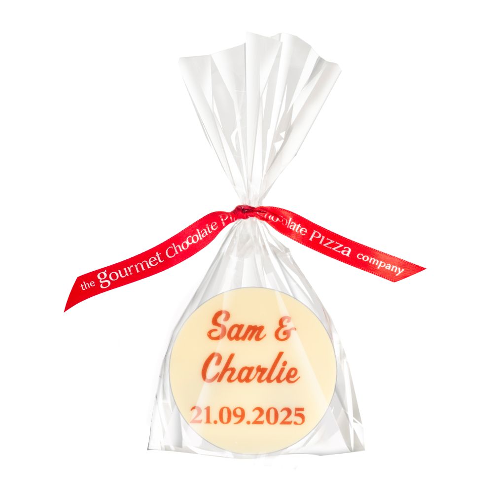 Mini chocolate wedding favours personalised with two names and wedding date.